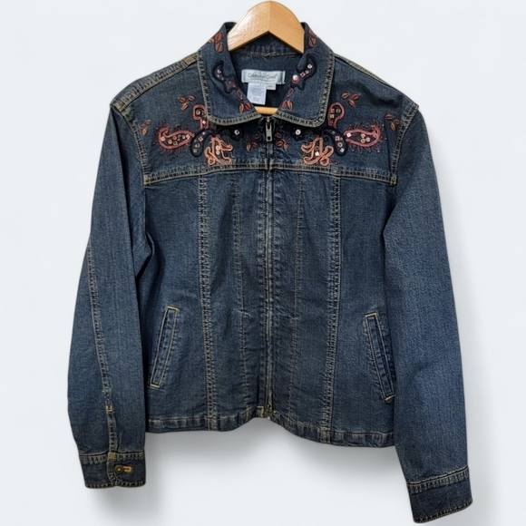 Coldwater Creek Denim Jean Jacket Embroidery Sequin Embellished Size PL - Picture 1 of 17